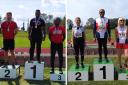 Left: Dean Davis M35 on the podium with silver in 100m and 200m; Right: Deborah Montgomery W55 on the podium with gold in javelin, silver in shot, bronze in hammer and discus.