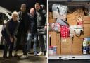 Left: Maggie Ashley, Simon Evans, Kevin Ashley and Vim Patel; Right: the items they collected for Ukraine