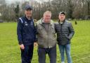 (L to R) Denmead chairman Howard Broad, groundhopper John Stancombe and Hook FC chairman Tom Davies