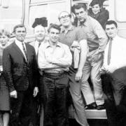 The All Stars team leaving Basingstoke after their football match at the Whiteditch ground. Bernard Bresslaw can be seen in the centre.