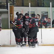 The Bison celebrate their goal in the home game with Leeds. Credit: Jo Loat