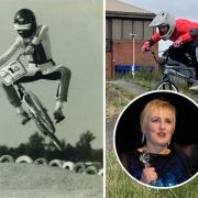 Left: Sarah Jane Nichols riding her BMX in the 1980s; Right: Sarah practising BMX now; Inset: Sarah Jane Nichols