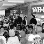 DJ Simon Dee opens the Tesco supermarket in the new shopping centre in 1968