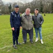 (L to R) Denmead chairman Howard Broad, groundhopper John Stancombe and Hook FC chairman Tom Davies