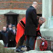 Mayor of Basingstoke and Deane, Cllr Roger Gardiner and borough council chief executive Tony Curtis lay a wreath at the War Memorial