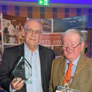 Basingstoke & Deane Sports Awards 2019 at the Apollo Hotel, Basingstoke..Service to sport award..Mayor of Basingstoke & Deane Cllr Sean Keating presents the service award to Pete Dimond....Photograph By: Sean