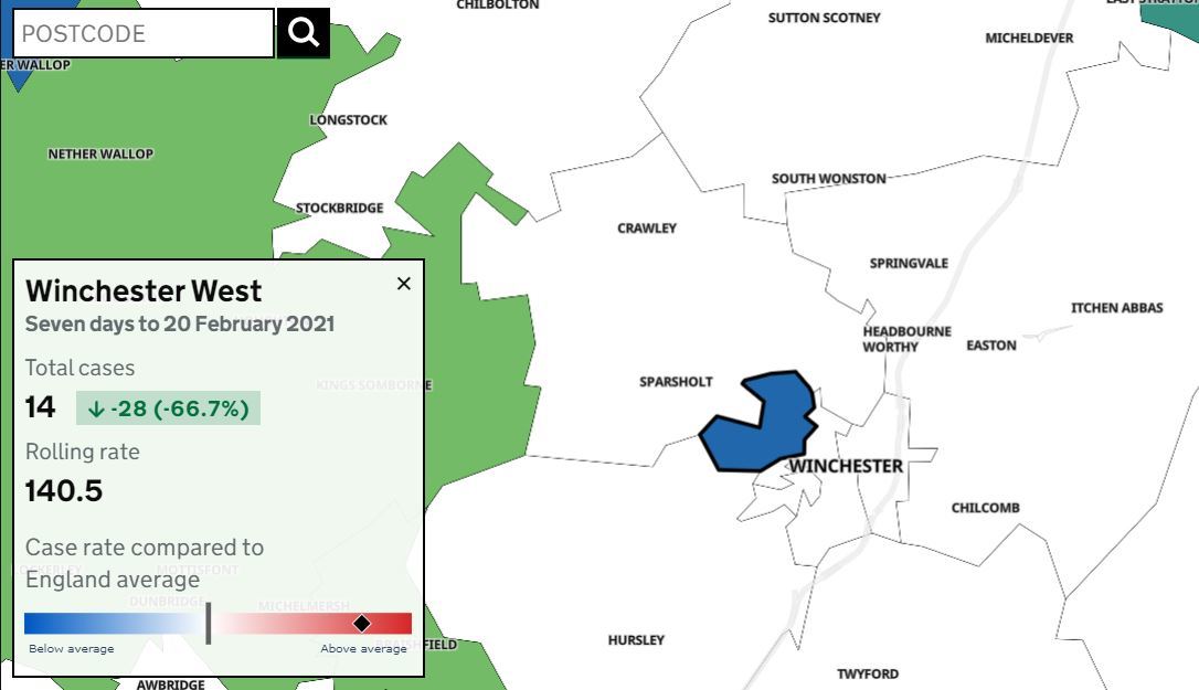 Winchester West area surrounded by a sea of white, of non-Covid areas