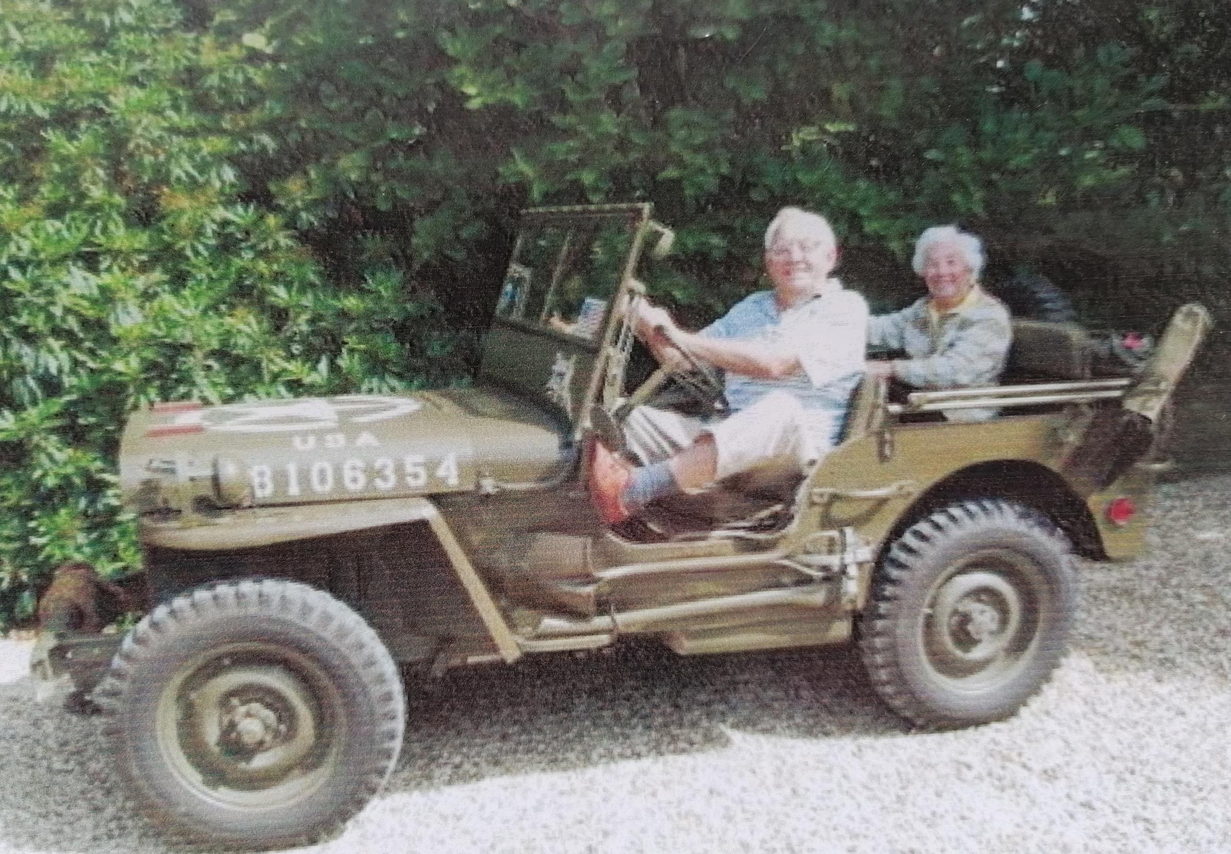 Kenneth and Joan in an army jeep, similar to the one he would have driven during the war.