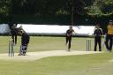 Basingstoke opener Dubs Wood is bowled first ball by Ben Fisher.