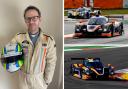 Left: Rev Simon Butler in his racing gear; Right: RLR MSport's LMP3 that Simon will drive at the Le Mans Cup.