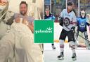 Aidan Doughty recovering from back surgery in hospital and when he was on the ice playing for Basingstoke Bison.