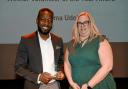 Nsima Udoh who won the Volunteer of the Year Award in 2022 with Jenn Vallor, from sponsor Beaufort Financial (Reading)