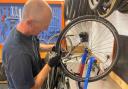 A bike being repaired at the workshop
