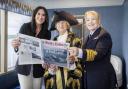 President of Cunard Katie McAlister, the Lord Mayor of Southampton Councillor Valerie Laurent and Captain Inger Thorhauge reading the Echo.