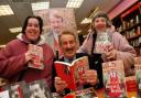 John Challis with fans Tracey Randall, left, and Susan Randall in Basingstoke's Waterstones