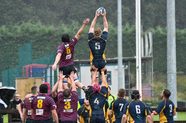 Jordan Plenderleith, who scored 'Stoke sonly try of the game, collecting the ball from a line-out. Picture by Chris Pritchard.