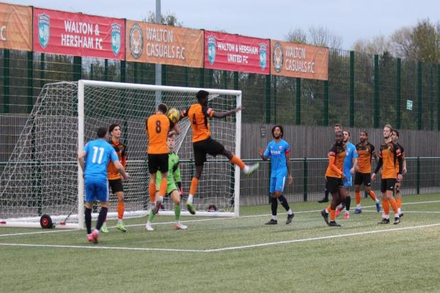 A hand ball by Walton players which the referee missed in their game against Hartley Wintney. Pic by Josie Shipman