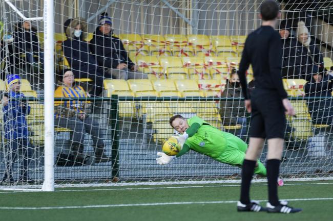 Paul Strudley saving early penalty. Photo by Steve Gridley