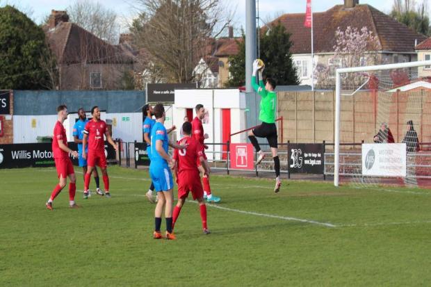 Action from the Harrow Borough v Hartley Wintney game. Pic by Josie Shipman