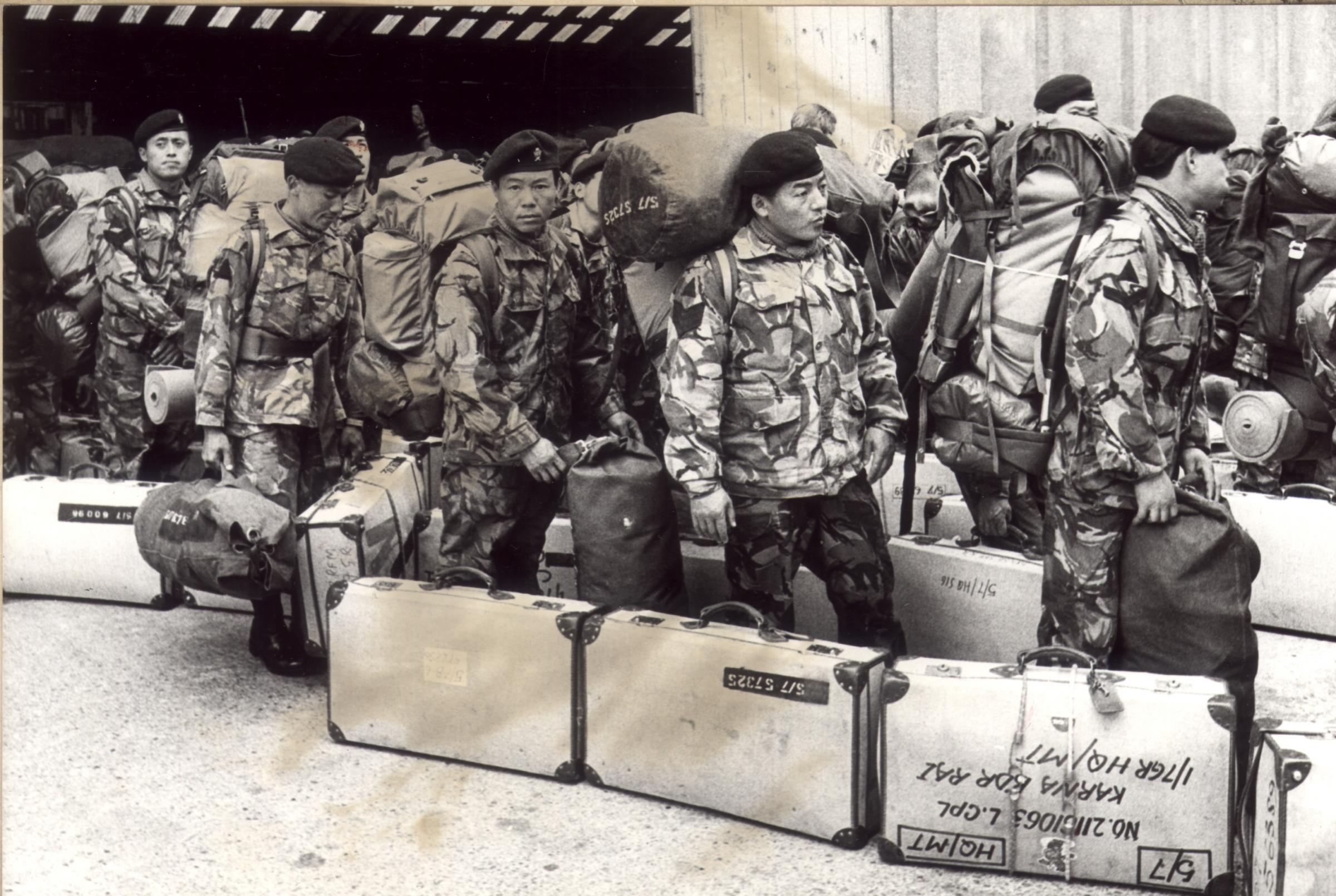 Falklands. Gurkhas embarking, 1982