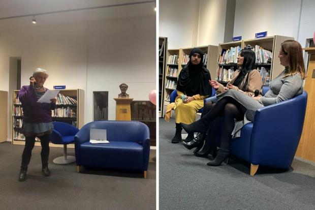 Photos show previous Sisterhood Poetry open mic night readings at Bradford Libraries.
