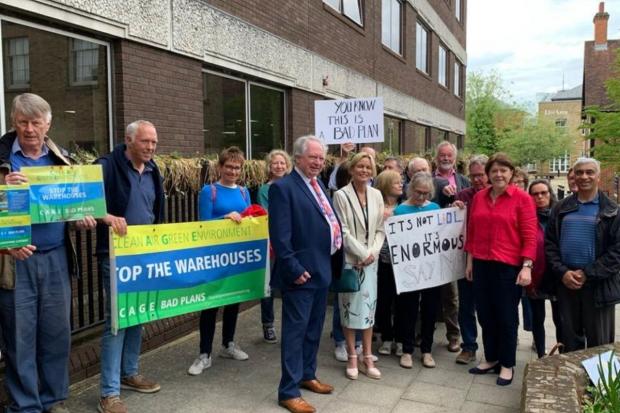 Dummer warehouse protesters with Maria Miller MP and Hampshire county councillor Stephen Reid outside the Basingstoke and Deane Borough Council's office