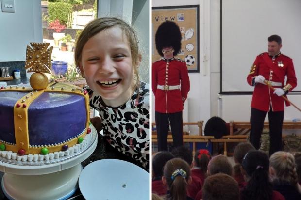 Baking competition winner Eden (left) and the Grenadier Guards who visited Park View Primary school (right)