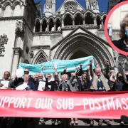 Jo Hamilton (inset) celebrates with other sub-postmasters after their convictions were quashed at the Court of Appeal. Credit: PA