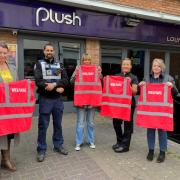 Left to right outside Plush Lounge Bar in Basingstoke: Rachael Wilkinson – Community Safety Manager and Hart District Council, Benjamin Esprit - Community Safety Patrol Officer for Basingstoke and Deane Borough Council, Valerie Holmes