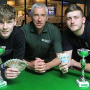 Connor Benzey (left) and Mickey Joyce (right) with Marc Lockley from event sponsor snookercrazy.com