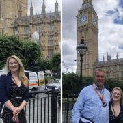 (Left) Basingstoke carer Chevonne Baker travelled to Parliament to campaign for support for carers. (Right) Kevin Smith (left) and Chevonne outside the Houses of Parliament.