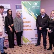 Young Business Person of the Year finalists Dmitrijs Meiksans, La-Toyah McKenzie, and Michaela Hamilton, right, with Susan Paterson and Sean Millard, directors from category sponsor Minuteman Press