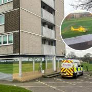 Police at Millbrook Towers and inset of Air Ambulance