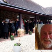 People gathered at Basingstoke crematorium to attend Rex Everett's funeral service. Inset: Rex