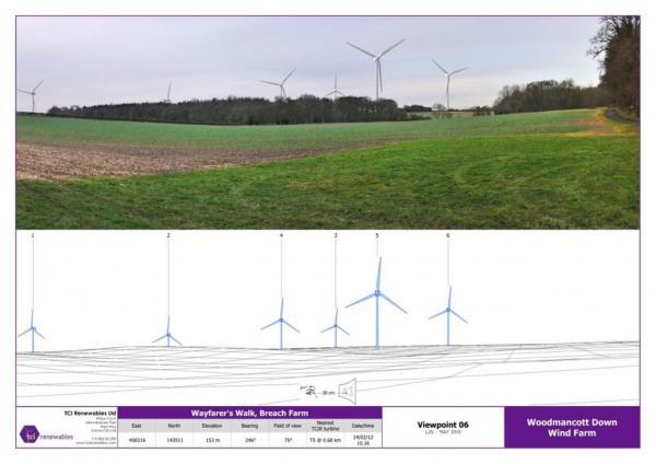 An artist's impression of how the wind farm would look from Wayfarers Walk at Breach Farm, Wayfarers Walk, at Dummer