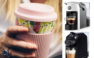 Photo via Canva/Lavazza shows a woman drinking from a reusable coffee cup and a series of Lavazza coffee machines, starting at £95.