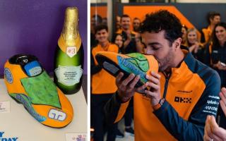 Left: The cake made by Rachael Matthews; Right: A picture shared by McLaren shows Daniel Ricciardo doing a 'shoey' with Rachael's cake