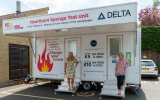 Heartburn Cancer UK Operations Manager, Fiona Labrooy and Heartburn Cancer UK Chairman, Mimi McCord outside the mobile Heartburn Sponge Test unit