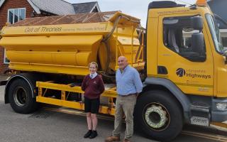 Paige and Hampshire County Council's Executive Lead Member for Universal Services, Cllr Nick Adams-King, at The Costello School with 'Grit of Thrones'