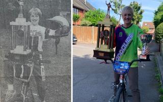 Left: The photo published by the Gazette in 1983 when Sarah Jane Nichols won her first British BMX championship title; Right: Sarah now with her trophy from 40 years ago in one hand, and her first national title since coming back to the sport.